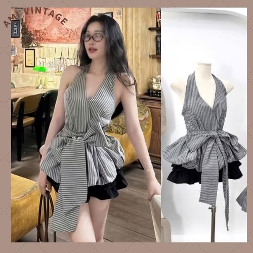 ĐỦSIZE 38-75kg Set Áo Yếm Kẻ Nơ Bồng Có Mút Phối Chân Váy Đen Tầng Xoè