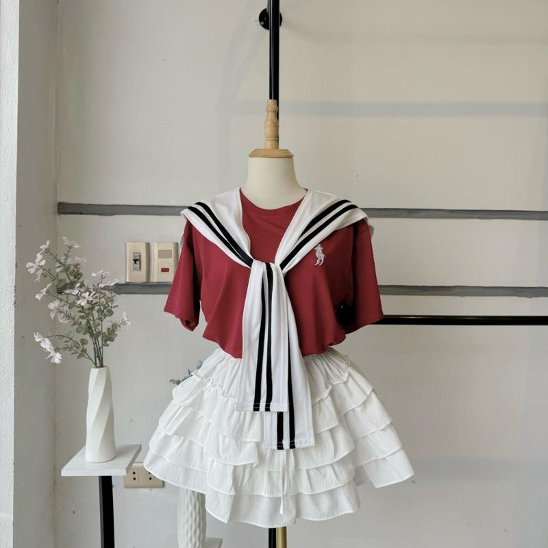 Sét Váy Almira Áo Thuỷ Thủ Thêu Ngựa + Chân Váy Đũi 4 Tầng Nhiều Màu