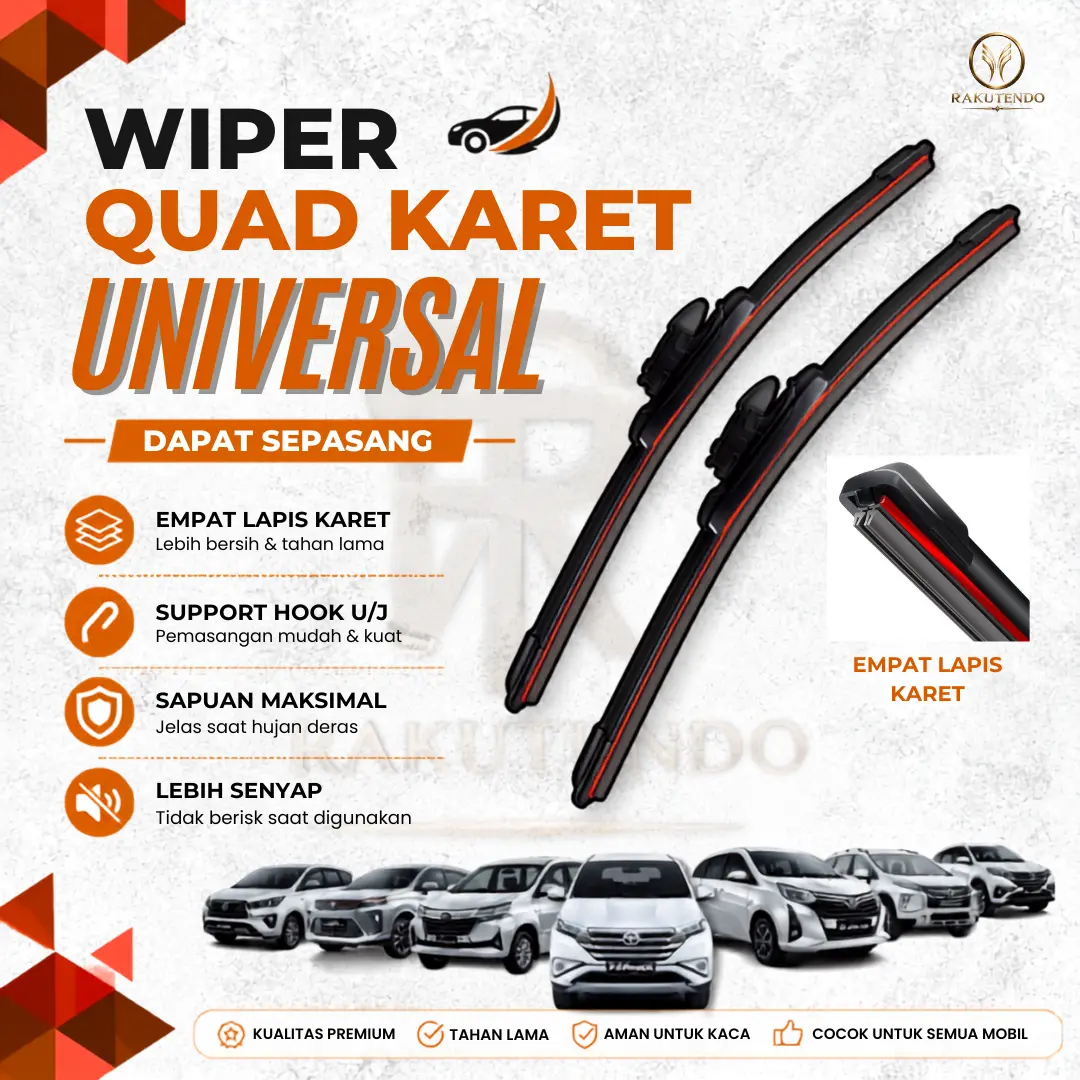 Wiper Mobil 4 Karet Quad Blade Frameless Universal Hook U/J Premium Tahan Lama