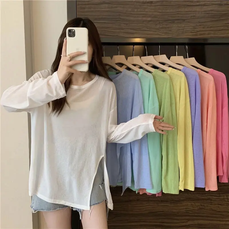 New Women's Thin Split Long Sleeve Sunscreen T-Shirt - Solid Color Loose Summer Top, Air Conditioner Cover-Up Cloth