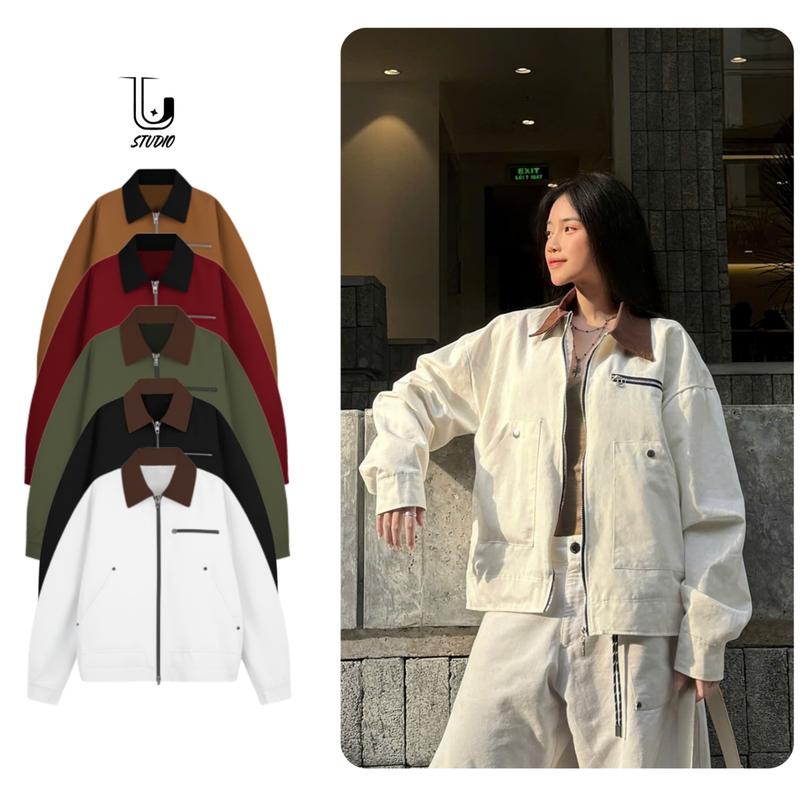 Áo Khoác Kaki Phối Cổ Nâu Kéo Khoá Form Suông Nam Nữ Unisex Top