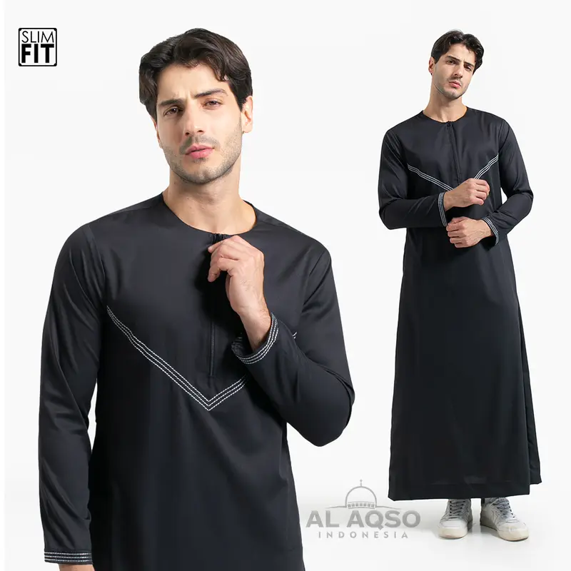 Al Aqso | Jubah Slimfit Thobe Gamis Pria Muslim Dewasa Premium Navy Abu Resleting Lengan Panjang | Jubah Osman 0