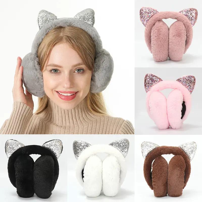 bức tranh hoạt hình glitter sequin con mèo có tai earmuffs tai nghe tai nắp cho…