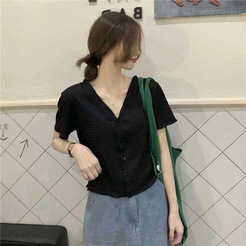 Product Introduction of Áo Thun Ngắn Tay Cho Nữ, Thiết Kế Xếp Li, Cổ Chữ V, Có Cúc, Mỏng 15