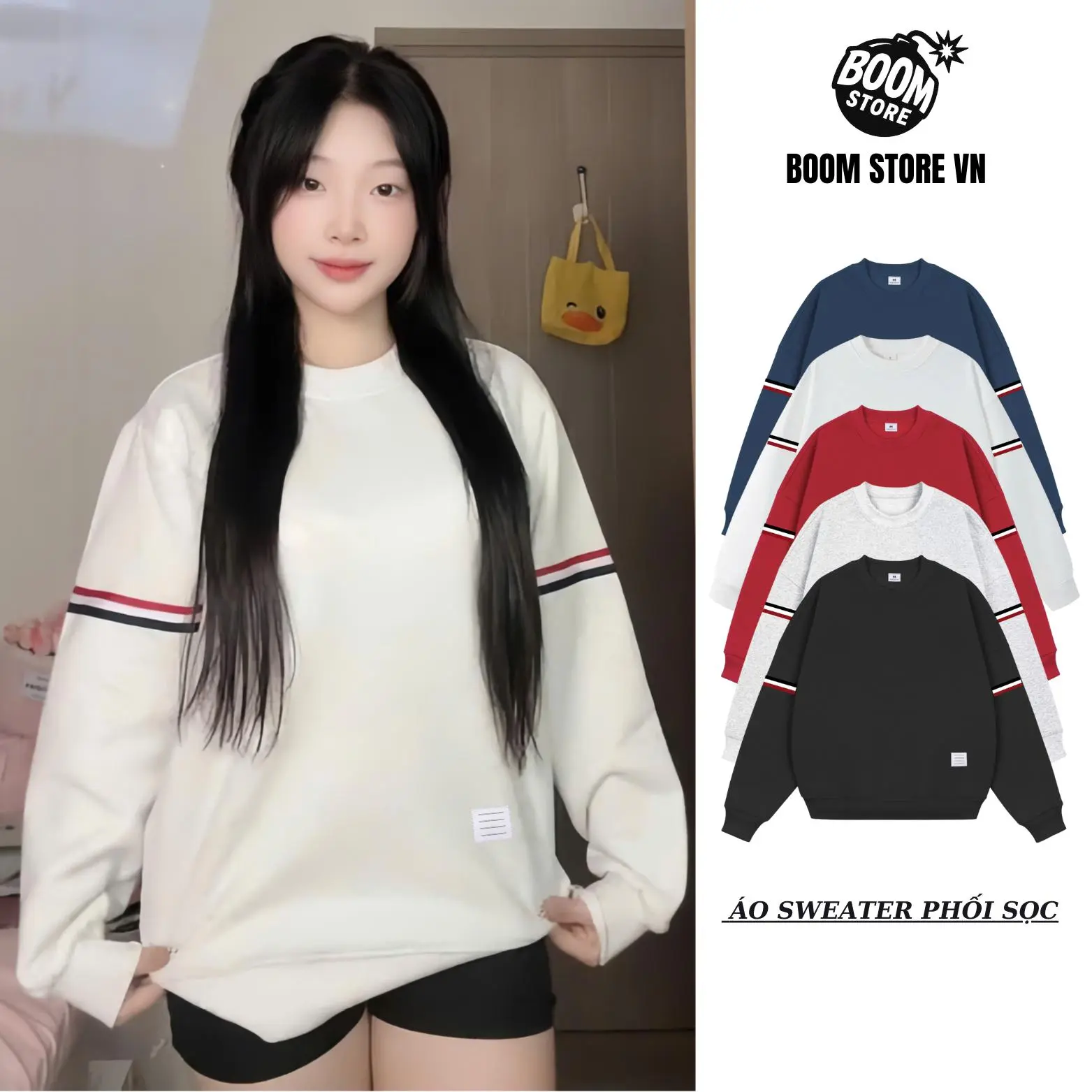 [XẢ KHO] ÁO SWEATER UNISEX NỈ BÔNG HÀN COTTON DÀY DẰN CỔ TRÒN FORM BOXY NAM NỮ PHỐI SỌC - BY BOOM STORE VN | BigBuy360 - bigbuy360.vn