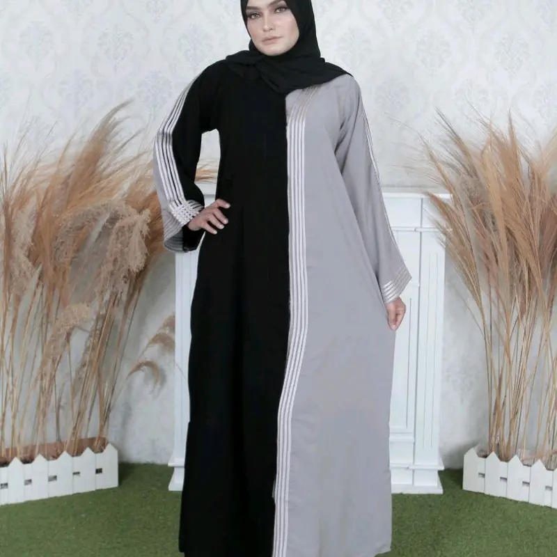 Abaya Outer Farwa gamis jetblack hitam kombinasi abu list putih dan hitam dress cantik Muslim 4