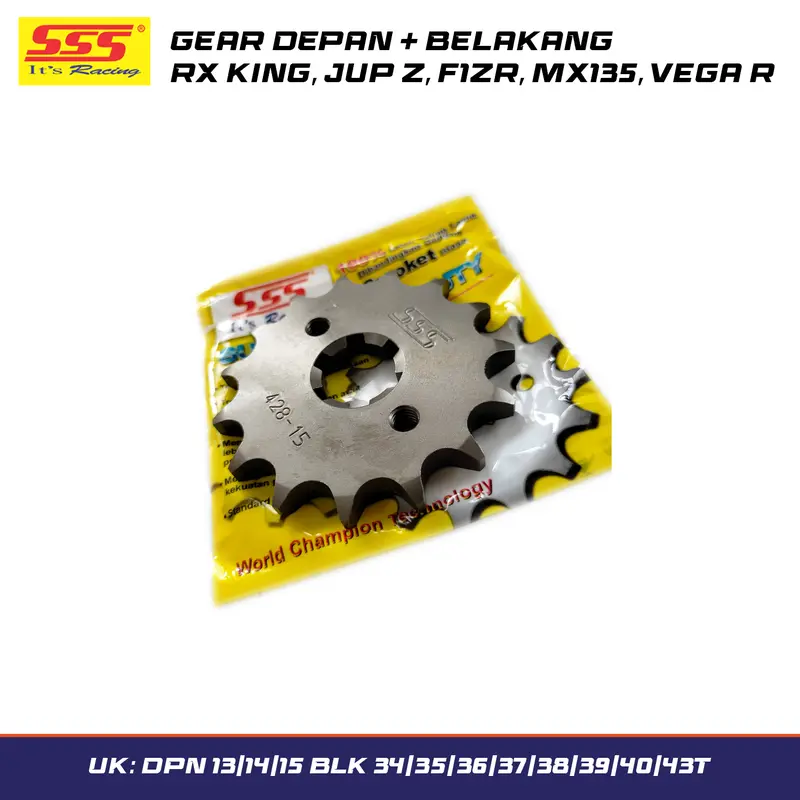 GEAR GER GIR DEPAN BELAKANG SSS RX KING JUPITER Z F1ZR JUPITER MX VEGA R TIPE 428 UKURAN DEPAN 13/14/15 BELAKANG 34/35/36/37/38/39/40/43 WARNA KROM GER SEPAKET GIR DEPAN+BELAKANG GEAR D+B RX SSS RACING Motorcycle 1