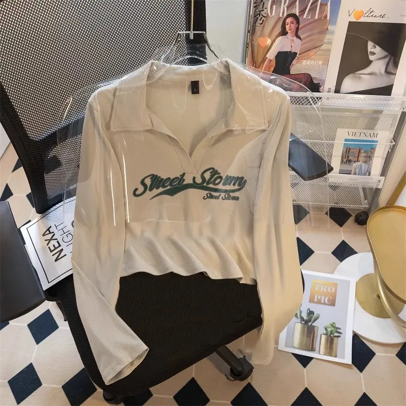 Kaos Lengan Panjang Kerah Polo Bergaris Premium / crop top korea lengan panjang / kaos ketat dengan grafis monogram Baju Pendek 3