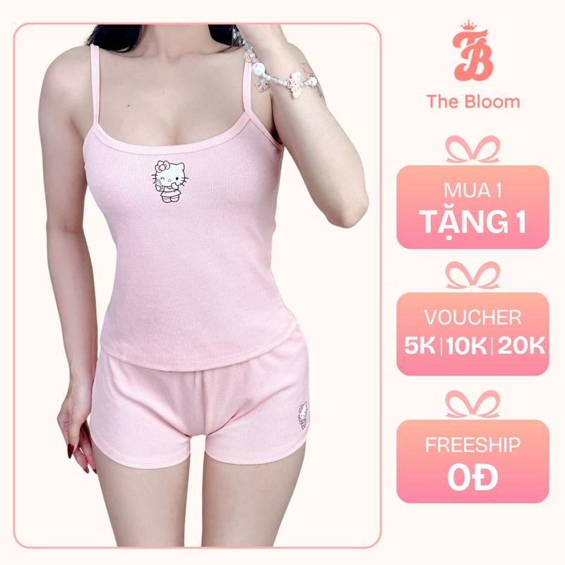 THE BLOOM Kitty Selfie Set bộ Đồ Ngủ Nữ Áo 2 Dây Cổ In Hello Kitty Dễ Thương Đồ Ngủ Nữ Mặc Hè Áo 2 Dây Kèm Quần Mini Lưng Thấp Hot Trend - SE022