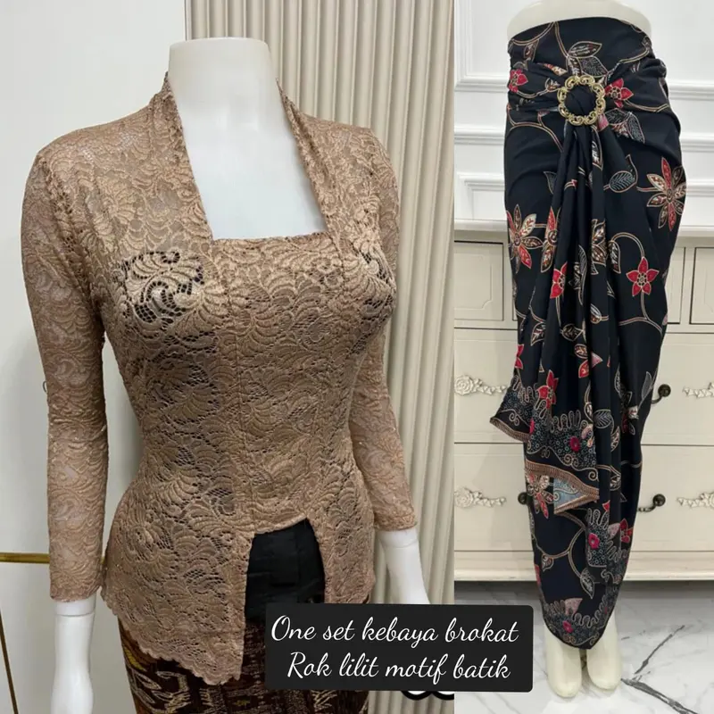 BINAYA SET One Set Kebaya Brokat dan Rok Lilit Motif Batik Kain Katun 5