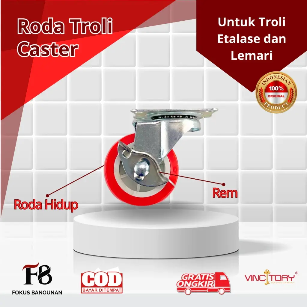 Roda Troli 2 2,5 3 inch Mati Hidup Rem Nylon Merah Kastor Etalase Lemari Vincitory 2317 2320 2323