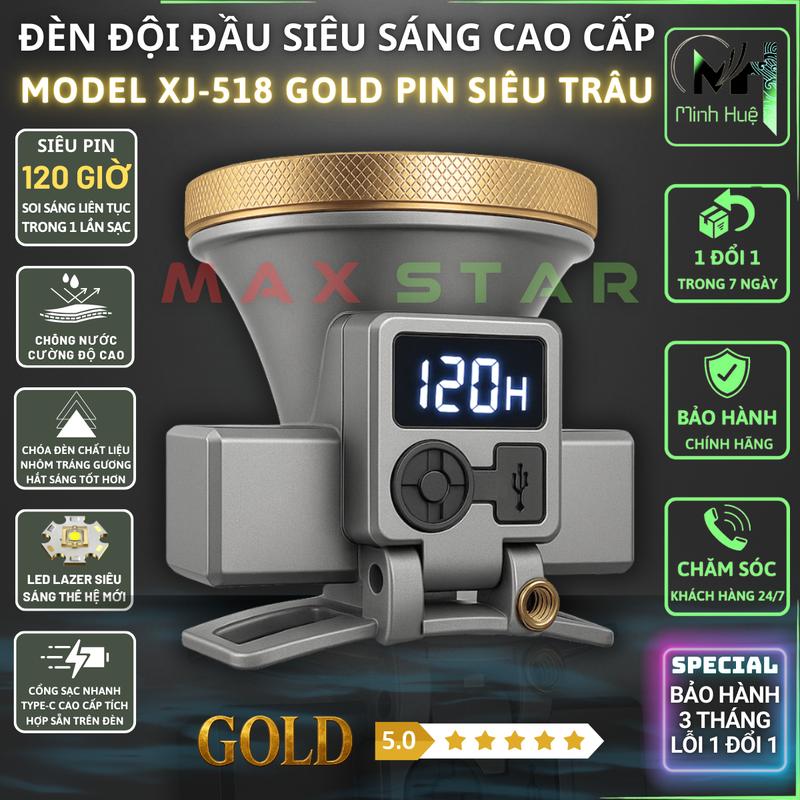  Đèn pin đội đầu XJ518 GOLD siêu sáng chất lượng cao chống nước thời gian soi sáng lên tới 120 giờ tối đa cho mỗi lần sạc Sử dụng chân cáp sạc TYPE-C cao cấp tích đè n 