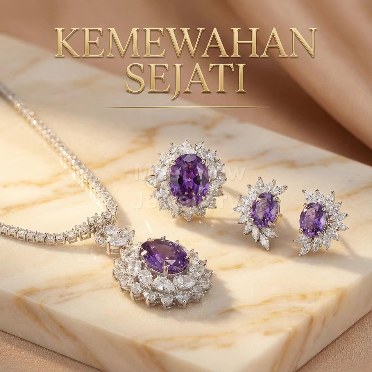 MNS42U Set Perhiasan EleganCOLOS42U Tiga Potong Batu Permata Ungu Bermutu Tinggi Anting Kalung Cincin untuk Wanita Desain Klasik Mewah