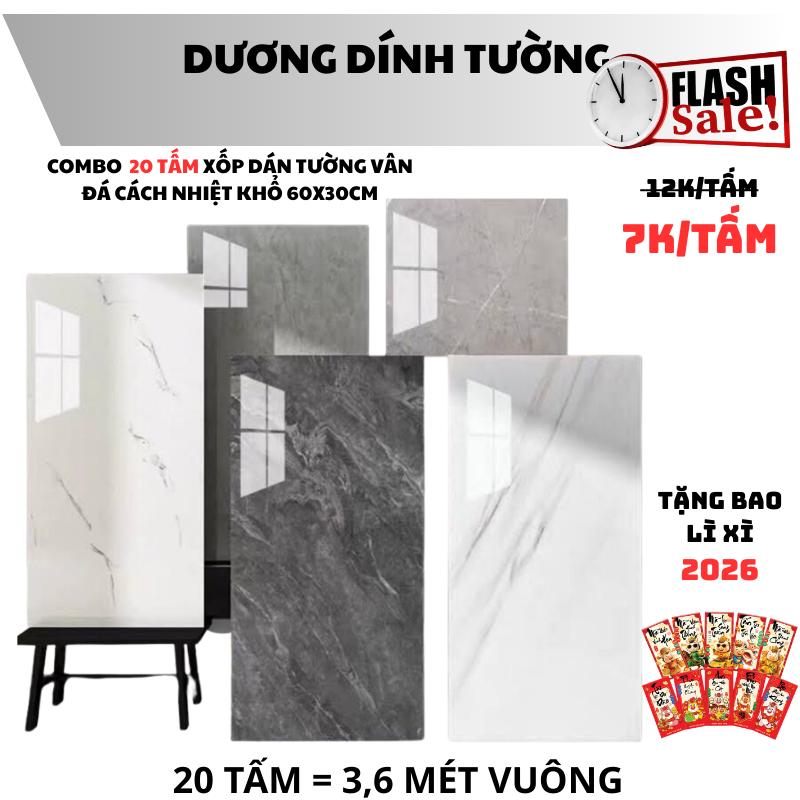 TẶNG BAO LIXI 2026 - COMBO 20 tấm xốp phủ nhựa PVC vân đá hoa cương sẵn keo phủ lớp giấy bạc chống cháy khổ 60x30cm chống mốc phòng khách giấy dán & đồ trang trí tường giấy dán & đồ trang trí tường xop pvc Decal Decor