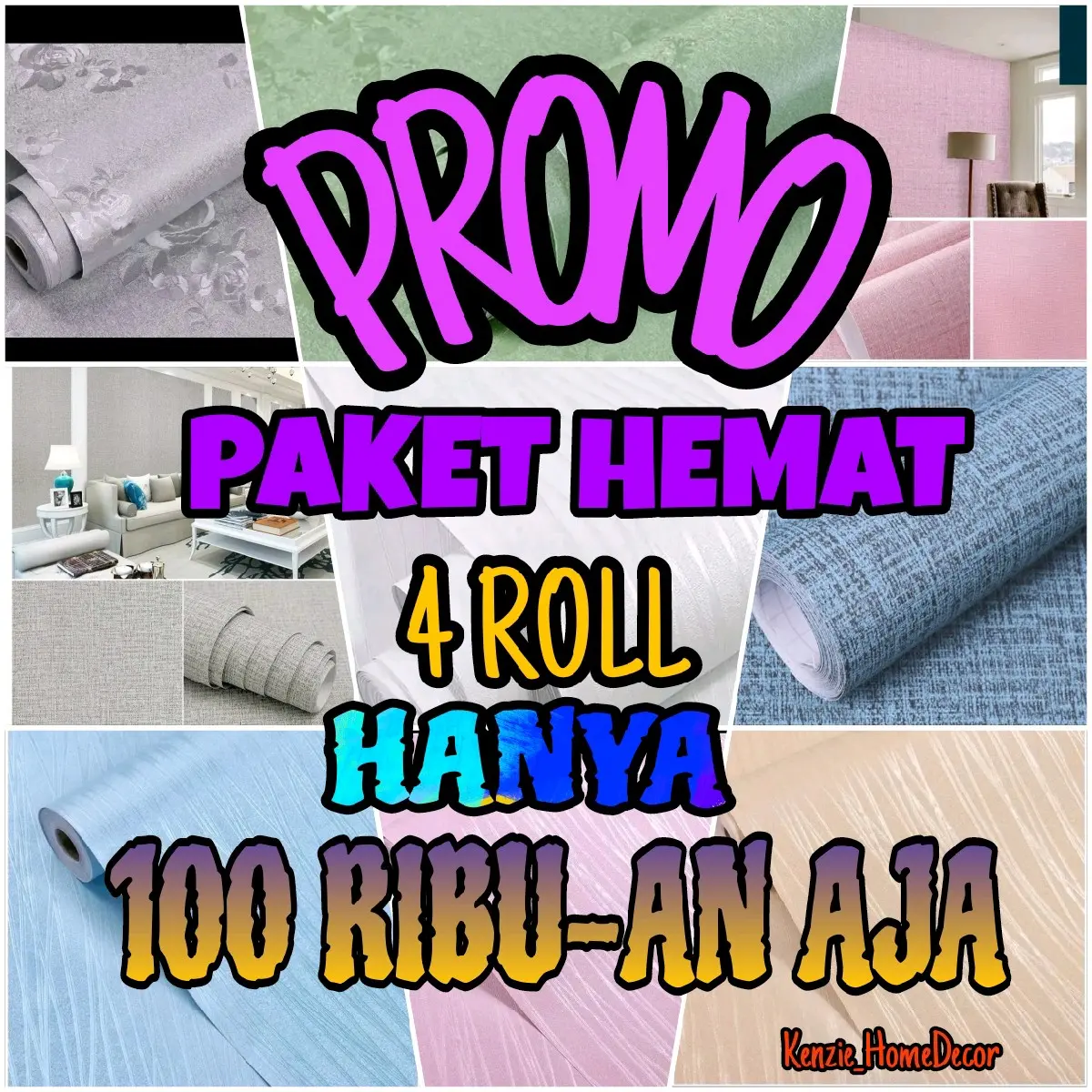 PROMO PAKET HEMAT 4 ROLL, wallpaper dinding berbahan kertas PVC yg tahan cipratan air motif salur motif bunga motif polos marmer