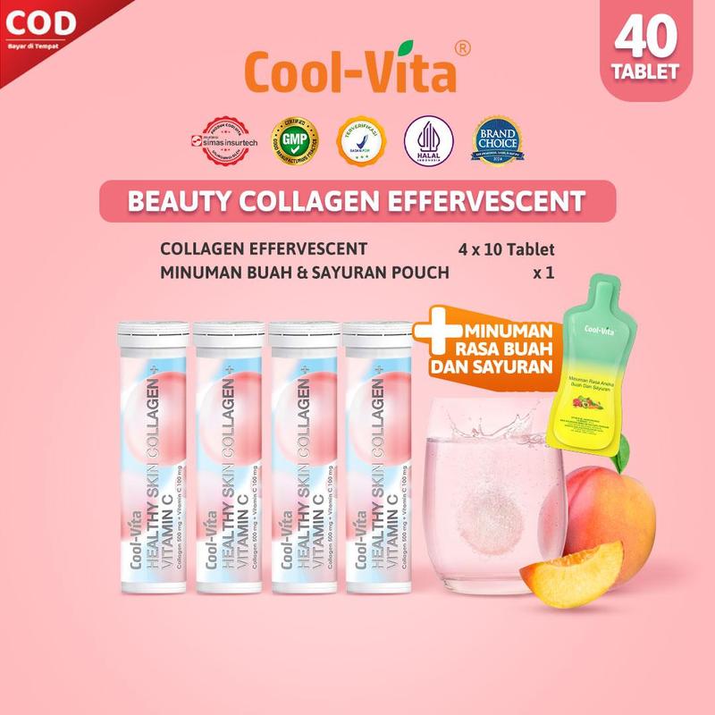 [4T+1]  40 Tablet (4 Tube) Coolvita Collagen Effervescent (1 Tube @10 Tablet) + 1 Pouch Minuman Rasa Buah dan Sayuran 0