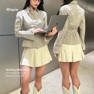 Wispie Working Baby Shirt | kemeja kerja wanita motif pinstripe lengan panjang formal fitted slim fit lengan cutbray korean style office siren Dark Grey Karet