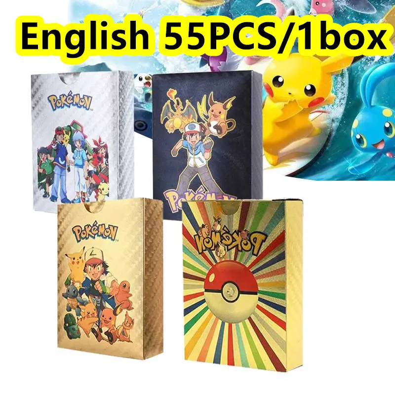 55pcs/set Kartu Pokemon Pokemon Gold Vmax Charizard Versi Inggris Untuk Koleksi Anak Bahasa Inggris Bahan Metal Gold Emas Kotak Asli Card Games Toys