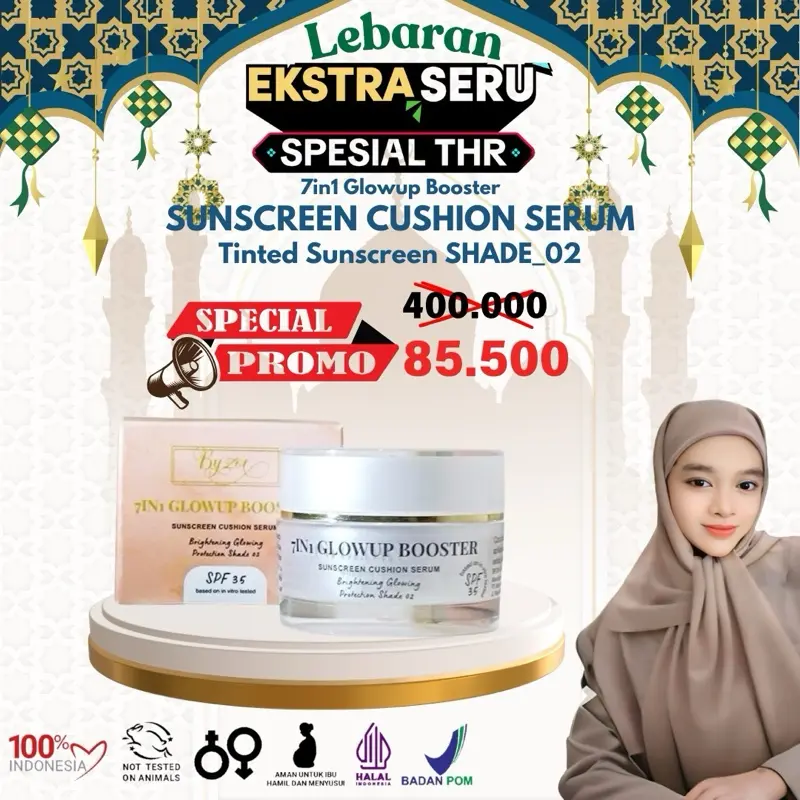 [EKSLUSIF BU OWNER] 7in1 GlowUp + Booster Sunscreen Cushion Serum Brightening Glowing Protection with SPF35PA+++ Copper Peptide, 5Vitamin, 8Hyalu 2