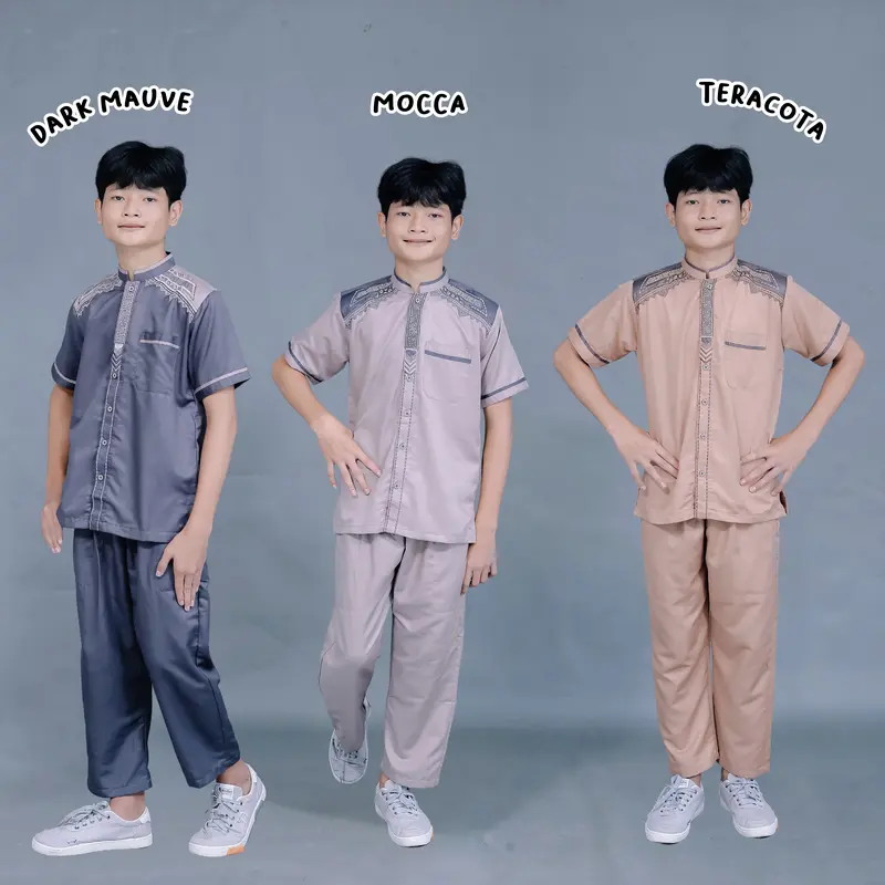 [Asriyani] Setelan Baju Koko Anak Azzam Lengan Pendek Muslim Pria Kombinasi Bordir Simpel Elegant Katun New Roky 3