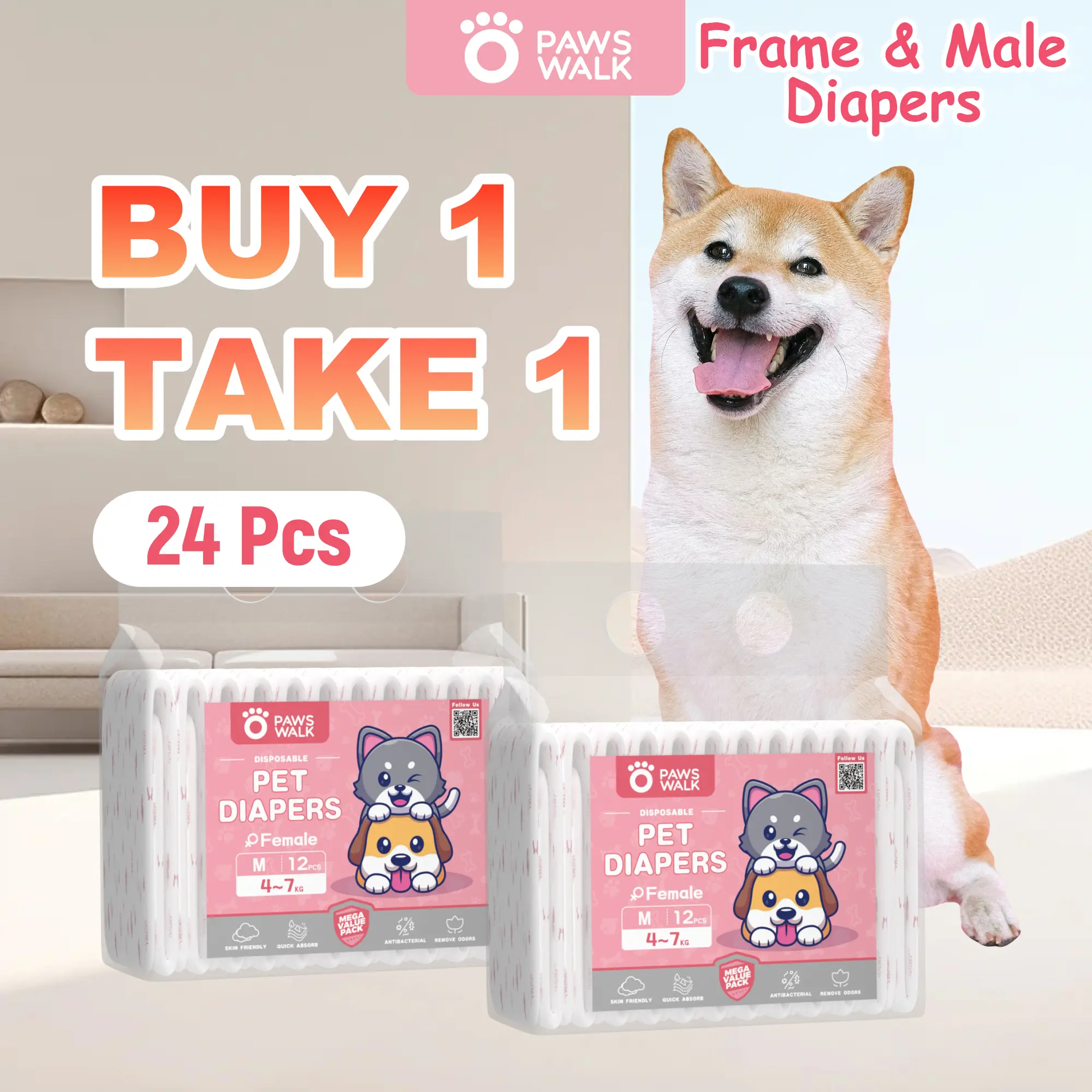 【PawsWalk】Female Male Pet Dog Diaper XXS XS S M L XL Cats Diapers For Dog Female 24PCS