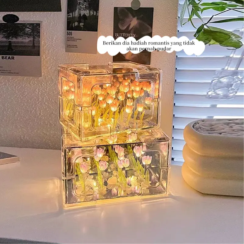 ID-TOOLS 21 Bunga Tulip Lampu Lampu DIY Tulip Lampu Malam Led Cermin Lampu Dekorasi Hadiah Ulang Tahun 6