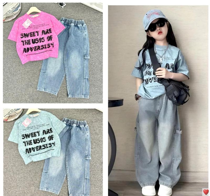   MinMinKid2   23-52kg dưới 1m6  Set áo thun cotton phối loang IN CHỮ phối quần jean dáng xuông cá tính cho bé gái 