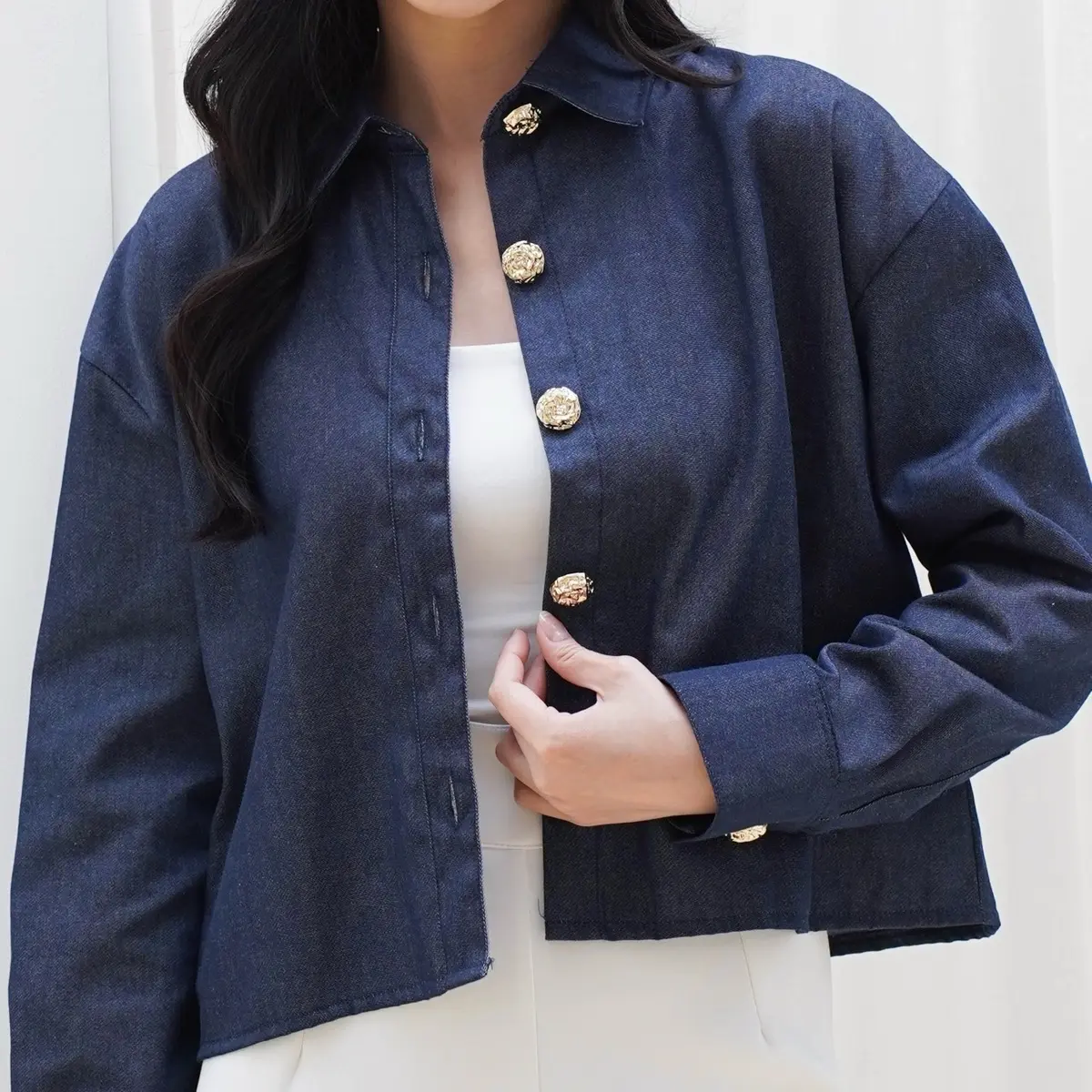 MODEVA - Daphne Gold Button Denim Shirt / Atasan Panjang Denim Wanita
