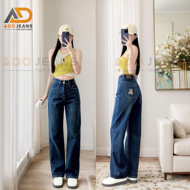 Mã THÊU GẤU Quần jean dài nữ ống suông rộng thêu gấu nơ dễ thương có bigsize JD02