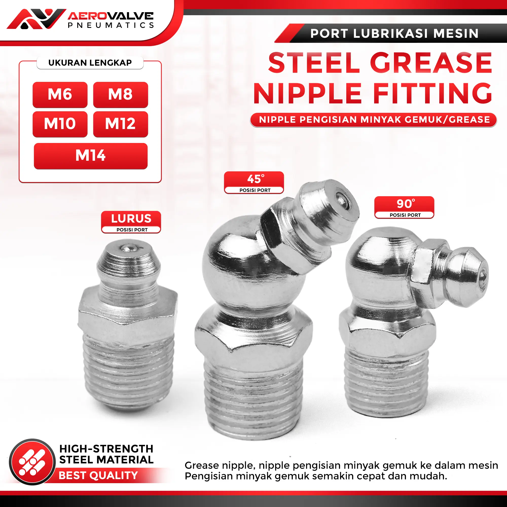 Nipple Grease Steel Chrome 6MM-14MM - Fitting Pengisian Minyak Lurus & Sudut 45°/90° - Kualitas Terbaik