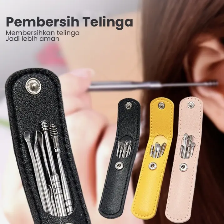 Alat Pembersih Telinga Set 6 in1 Bahan Stainless Ear Wax Picker - Korek Kuping Set Plush Pouch