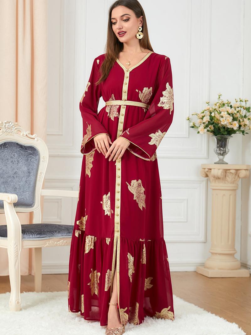 Product Introduction of Baju Raya Middle East Dubai Muslim women's clothing with belt abaya fashion high-end hot stamping dress 5