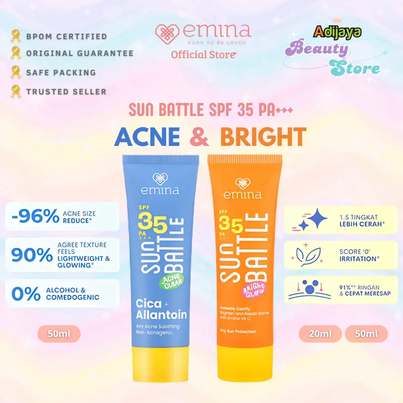 Emina Sun Battle Bright Glow SPF 35 PA+++ | Emina Sun Battle Acne Clear SPF 35 PA+++ - Sunscreen Serum Amino Vitamin C - Cerah, Ringan, Hydrating [Teruji In Vivo] Non Acnegenic & Non Comedogenic. Cocok untuk Kulit Berjerawat & Semua Jenis Kulit 0