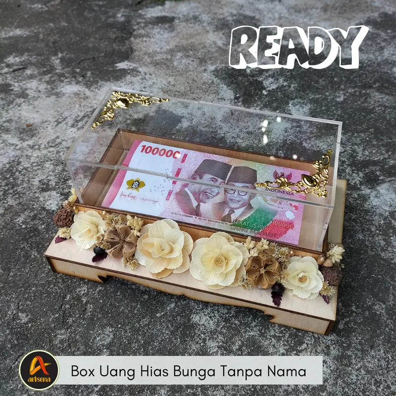 Box Mahar Uang Seserahan desain Rustic Tutup Akrilik Bisa Pakai Nama Mempelai / Kotak Mahar Bunga Rustic Gold 1