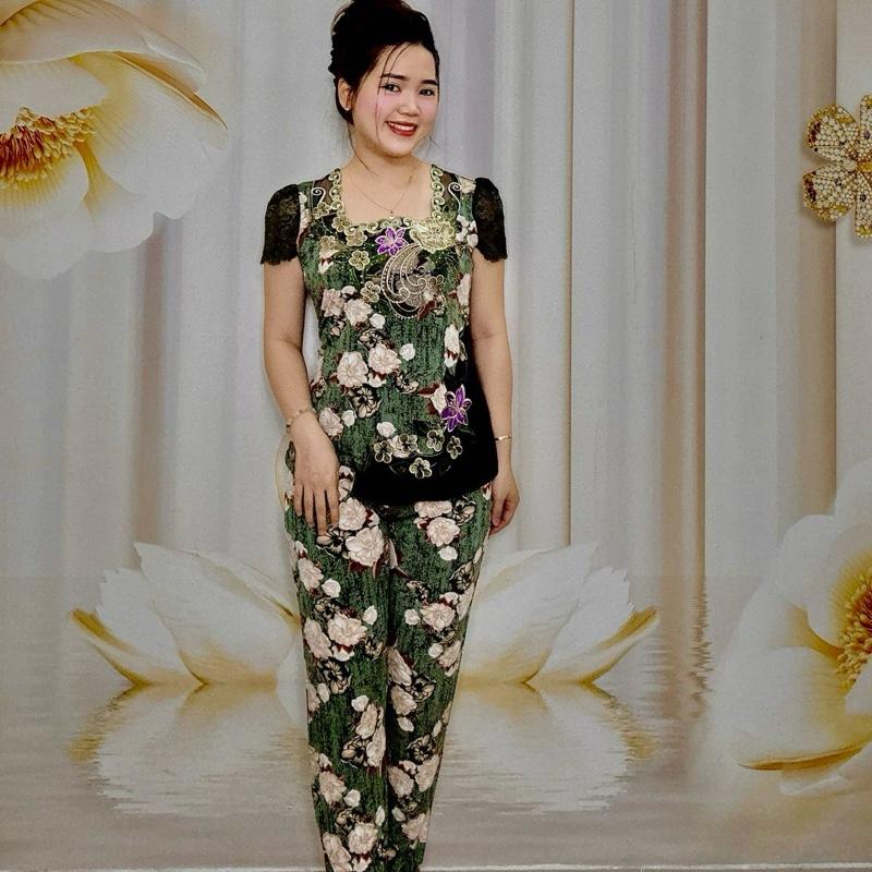 B39 Đồ Bộ Nữ Trung Niên Thun Tơ Hoa Cao Cấp Cổ Vuông Thêu Phối Tay Ren Màu thương hiệu Hải Sơn
