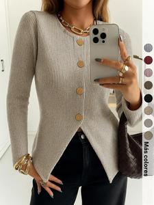 Top de manga larga con botones de punto acanalado para mujer, diseño ajustado y sencillo, casual elegante, para todas las estaciones, grosor moderado del material