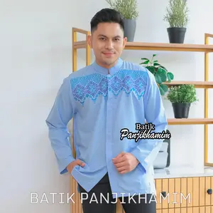 Baju Koko Pria Lengan Panjang Bordir Warna Biru Muda Dan Abu Tua Bahan Katun Busana Muslim Dewasa
