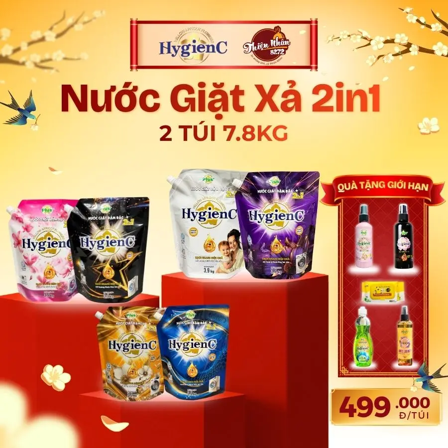 Combo 7,8kg Nước Giặt Xả HygienC Plus+ Việt Nam 2in1 Túi 2kg6 - [ Tặng Kèm 1 Chai Nước Rửa Chén HygienC 400gr & 1 Chai Xịt Vải Khô 100gr Siêu Thơm & 1 Xịt Lau Bếp Đa Năng & 1 Chai Xịt Vải Khô 100gr Hoa Hồng & 1 Túi Khăn Giấy Ướt ]