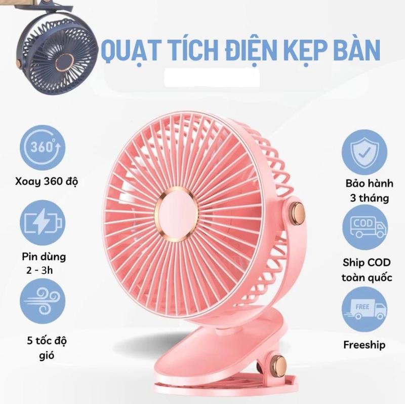 (Size quạt 15cm) Quạt Mini Kẹp Bàn Tích Điện 5 Tốc Độ Gió, Xoay Linh Hoạt 360 Độ, Có Đèn LED, Sử Dụng Đa Năng, Tiện Lợi