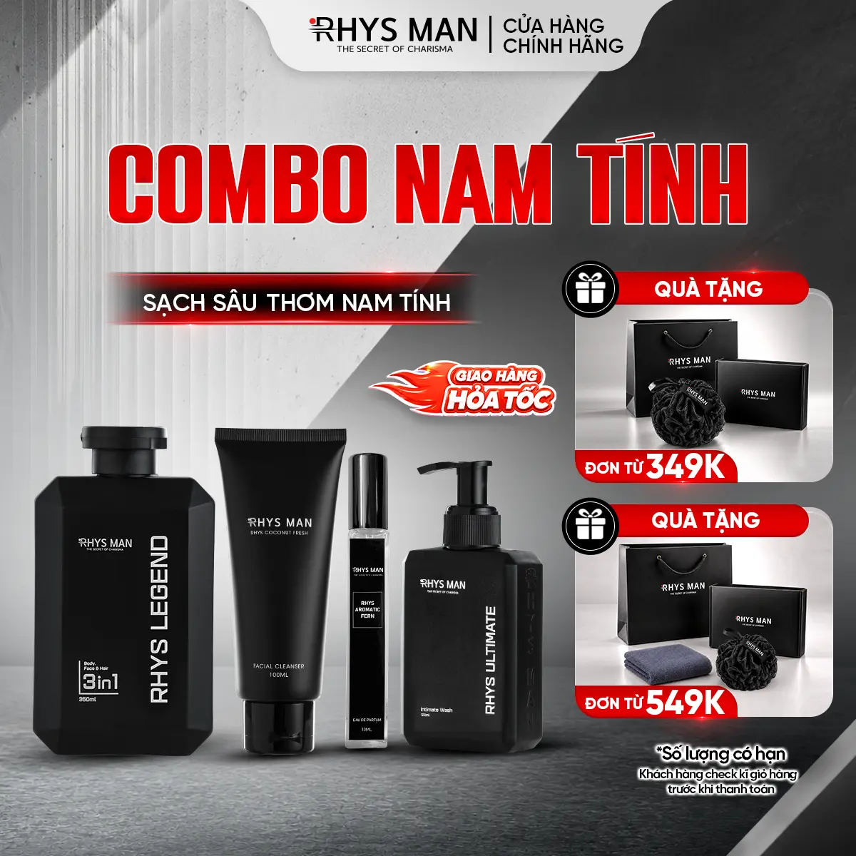 Combo Nam Tính Rhys Man - Sữa tắm gội nam 3in1 350ml & Sữa rửa mặt nam 100ml & Dung dịch vệ sinh nam 120ml & Nước hoa 10ml