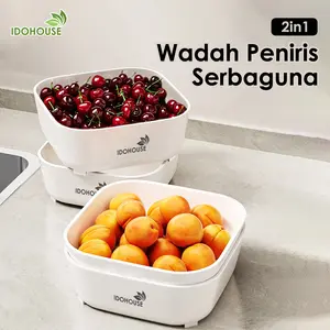 IDOHOUSE Set Baskom Cuci Serbaguna 2 in 1 Wadah + Saringan Plastik Putih Multifungsi untuk Dapur Sayur Buah & Mie D04B