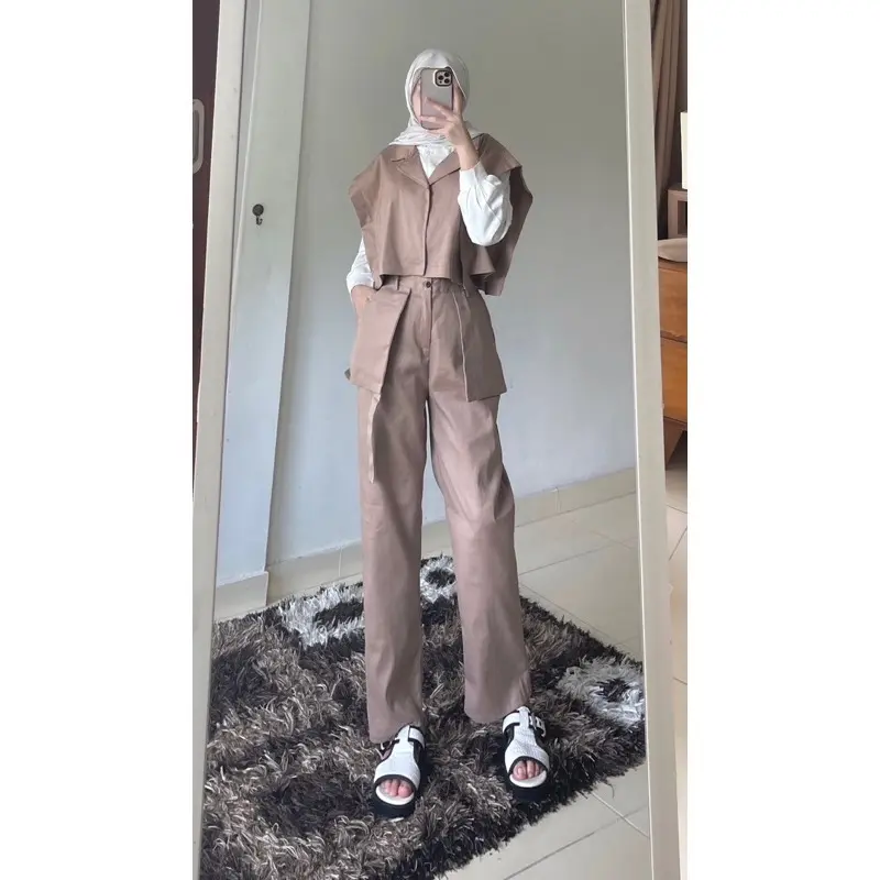 JN- Oneset Korean Fujian Vest Set Celana Katun Linnen Premium Super Tebal Casual  Wanita Setelan Atasan Fit Top Bawahan Panjang Baju Oversize Outer Linen Blazer Kulot Dewasa Formal Hitam 7