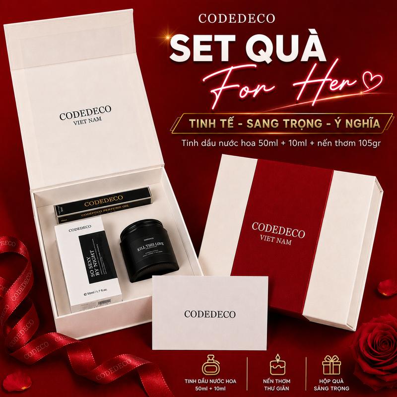 [SET QUÀ FOR HER DÀNH CHO NỮ] CODEDECO 03 sản phẩm gồm nước hoa 50ml, tinh dầu nước hoa 10ml dạng xịt, nến thơm 105gr