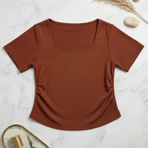 Acharne Baju Wanita Crop Top Polos U-Neck Kerut Samping Bahan Knit Kaos Cewek