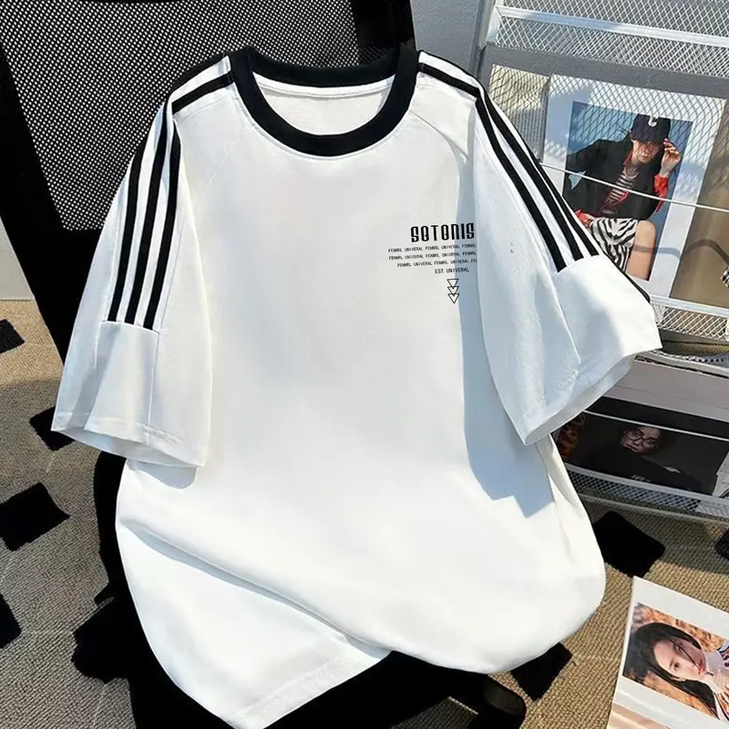 YIYOYI  T273 Model Regular Unisex Bergaris Bahu Korean Style Kaos Oversize Lengan Pendek T-Shirt Katun Wanita Top Muda Crop Atasan Putih Tee 1