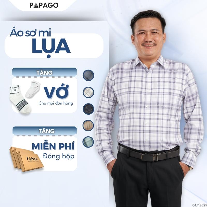 Áo Sơ Mi Nam Trung Niên PAPAGO Tay Dài Sọc Caro Vải Lụa Thun Mềm Mát Dáng Rộng Thoải Mái - P23SDCR003