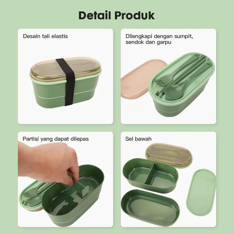 Lunch Box Kotak Makan 700ML 2 Layers I Bento Box Free Sendok I BPA Free Blue Kitchenware  Garpu  Pink Tali 8