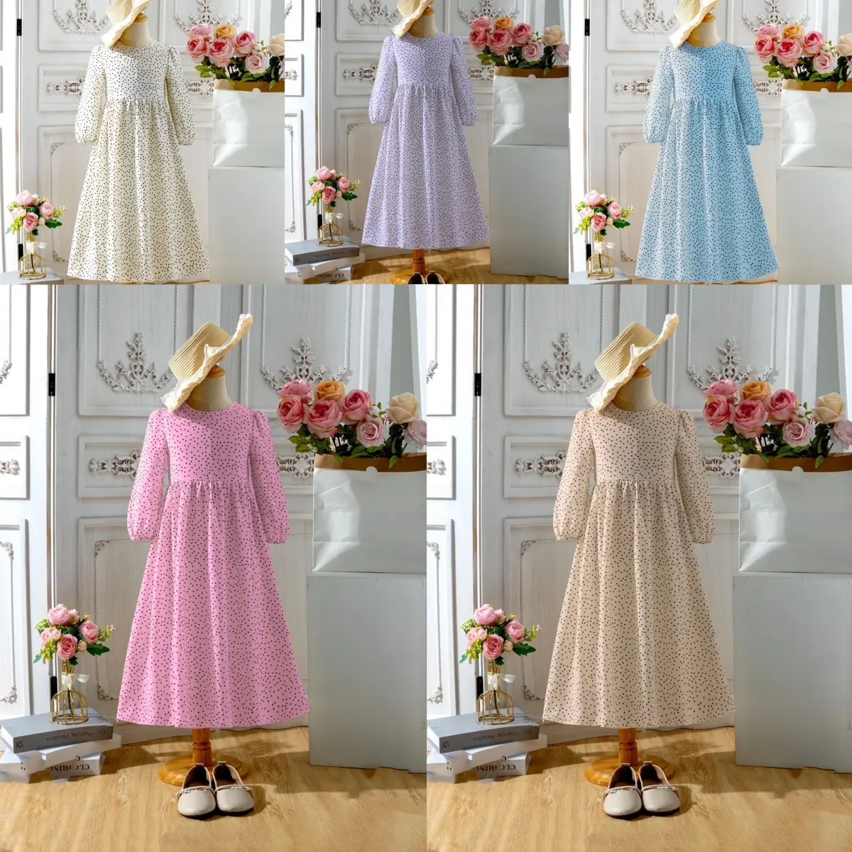 Jubah Kids Girl Long Dress Polka Dot Chiffon Jubah Budak Perempuan Kanak Kanak Ready Stock Polka Dot White Clothing