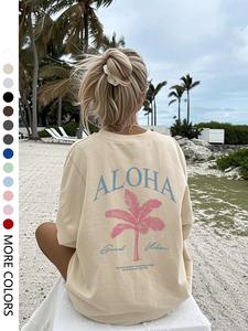 レディース アロハ パームツリー柄 カジュアル クルーネックTシャツ、おしゃれな夏向け普段使い・旅行用、ゆったり薄手トップス
