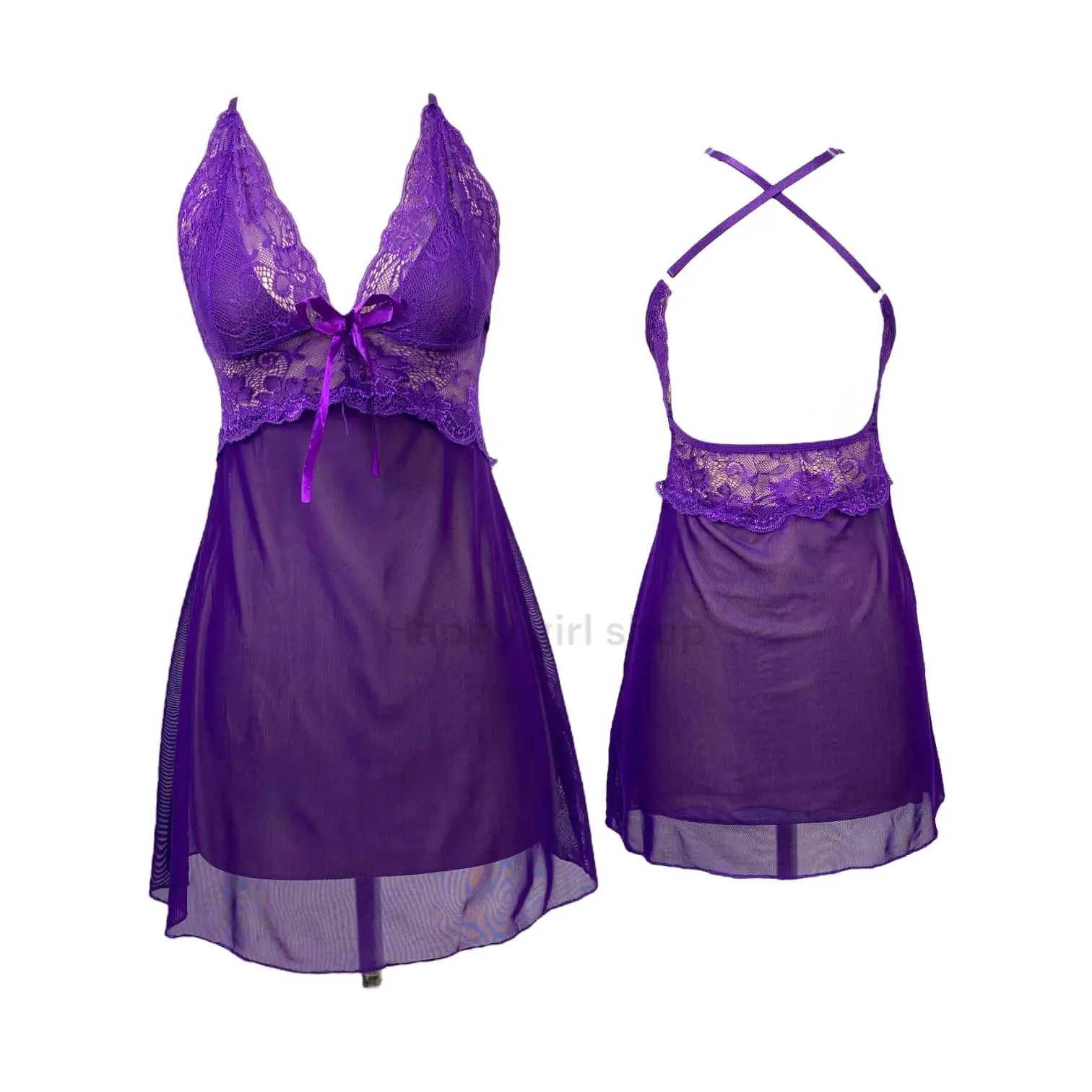 [ Racun Lingerie ] Lingerie Dress Baju Dinas Wanita Nightwear Sexy Hot Deep V-Neck Renda Flower Pita Low Back Cross Strap Silang Poliester Blends Lace #6 BABY